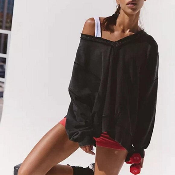 Free People Flow And Groove Pullover Black V Neck Oversized Top S - Picture 1 of 2